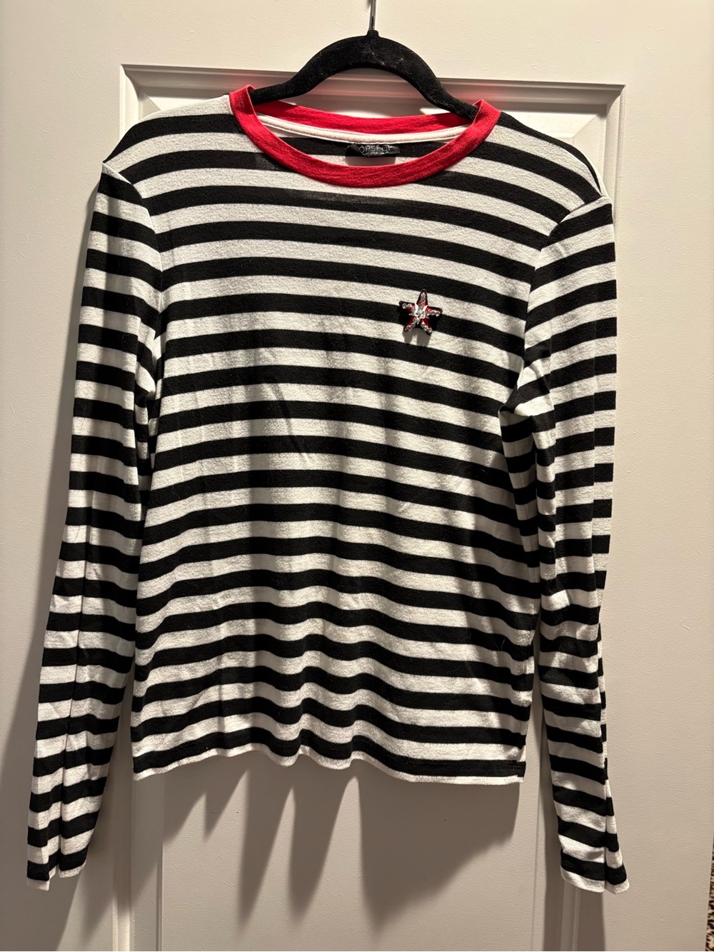 Topshop Black & White Striped Long-Sleeve Jersey with Red Neck Trim